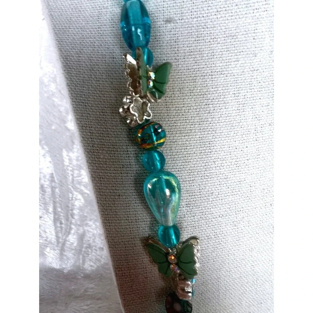 Turquoise Glass Bead Necklace Butterflies Lampwork Foil‎ Artisan 27